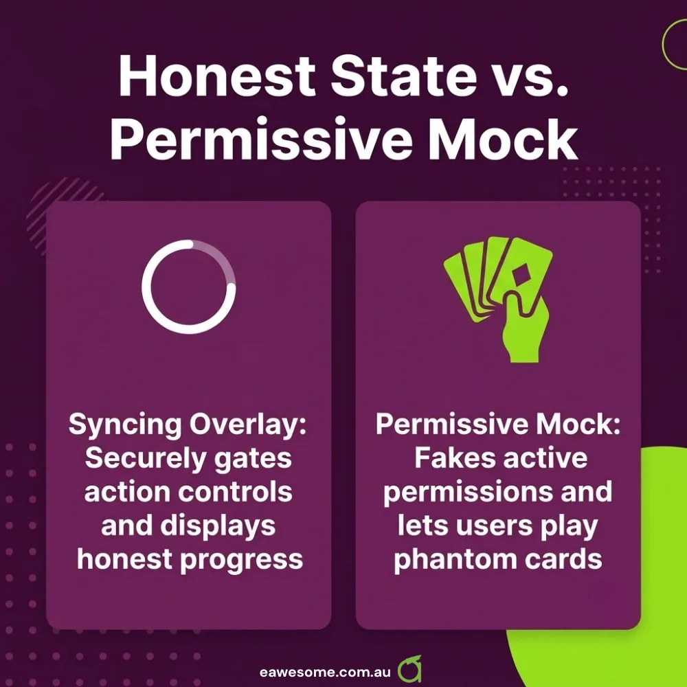 Honest state versus permissive mock, side by side. Left: the syncing overlay, which gates the action controls and shows honest progress while state is present but unmapped. Right: the permissive mock, which fakes active permissions and lets a player play phantom cards.