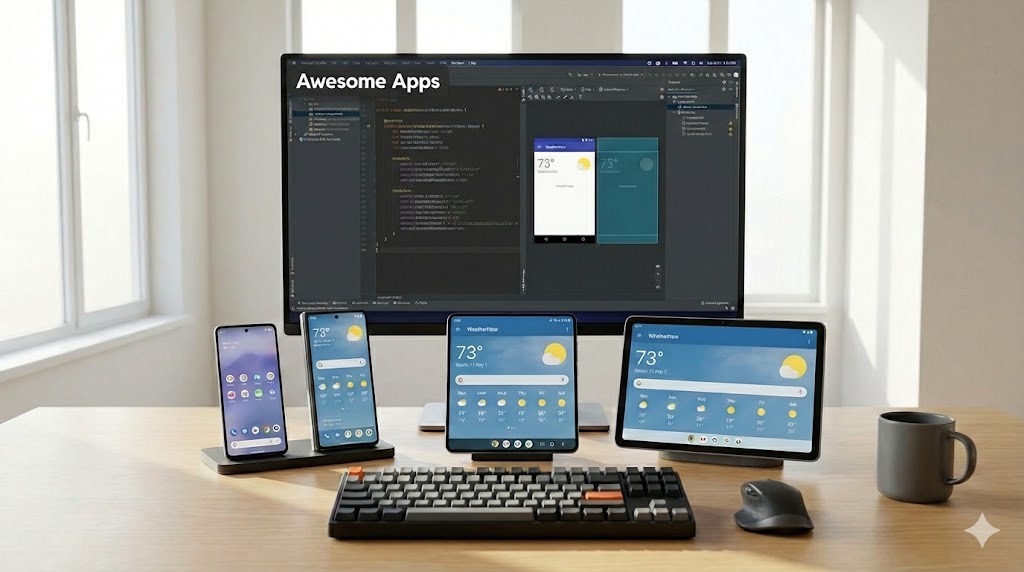 Multiple Android devices showing responsive app design with Android Studio and Kotlin code