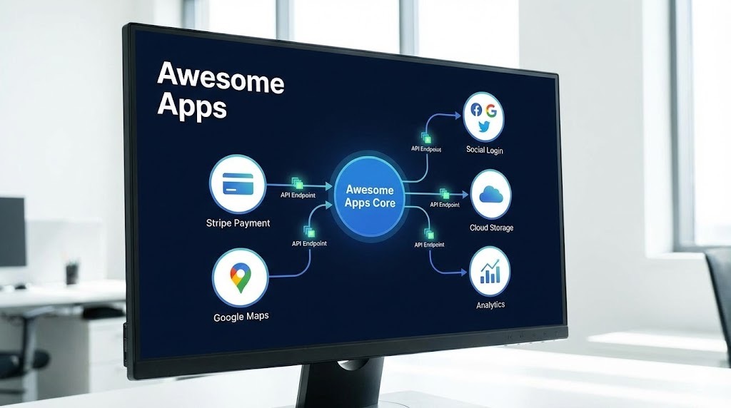 API integration diagram showing connections to payment, cloud, and third-party services