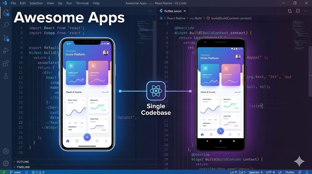 iPhone and Android devices showing identical app with React Native and Flutter code