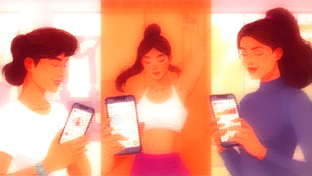 People using fitness apps in various workout settings showcasing different app features