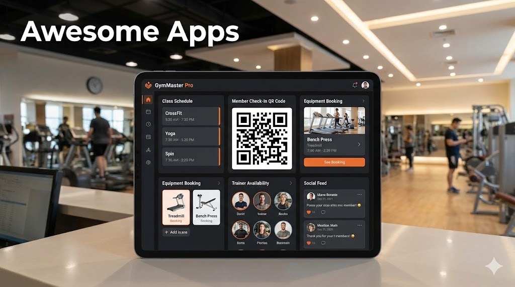 Gym management app displaying class schedules and member check-in system