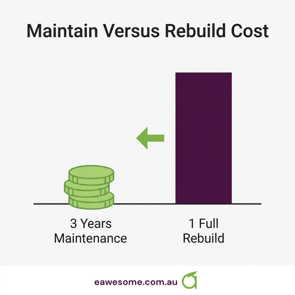 Maintain against rebuild: three years of maintenance costs less than one full rebuild.