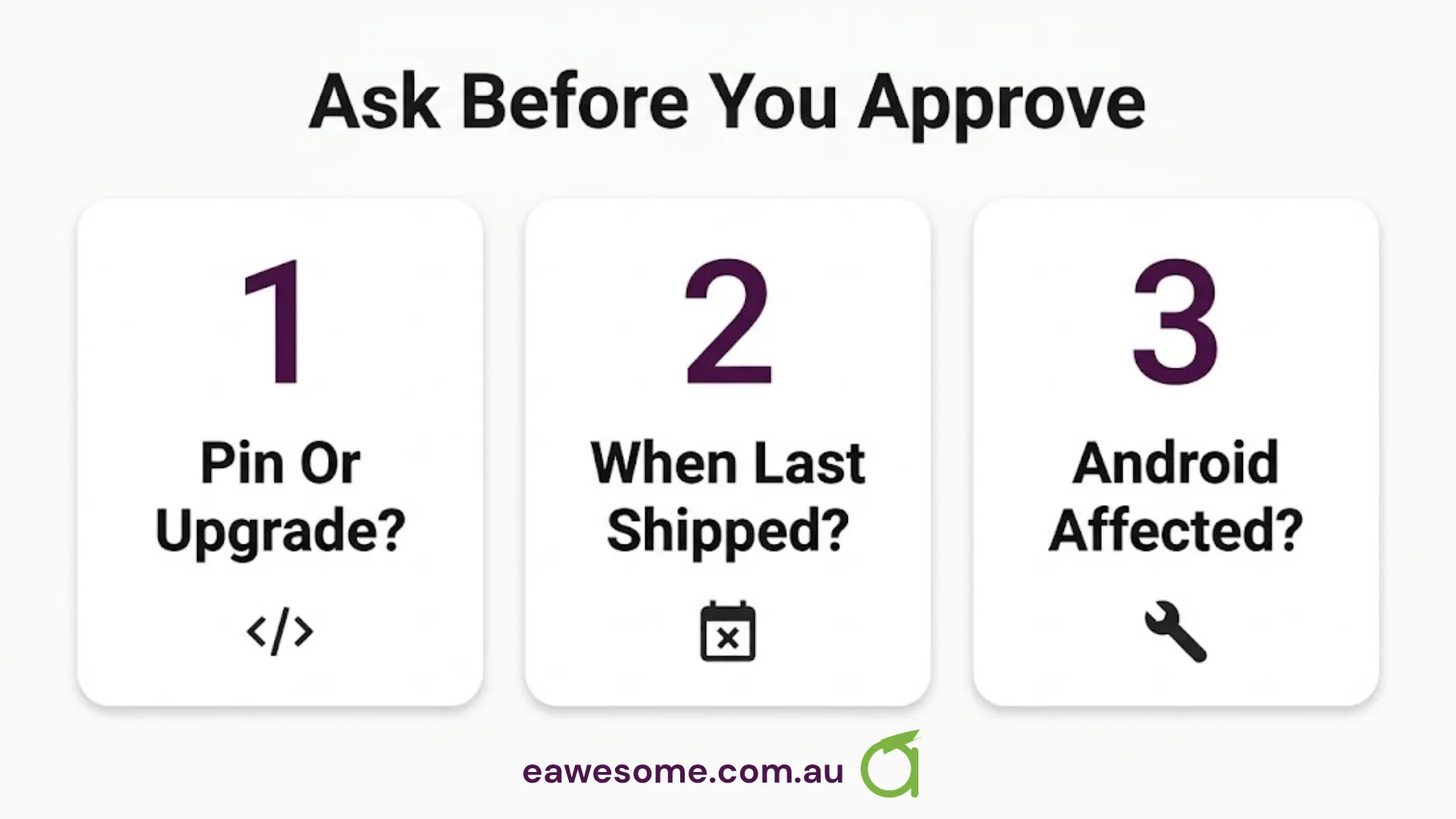 Ask before you approve: pin or upgrade, when it last shipped, and whether Android is affected.